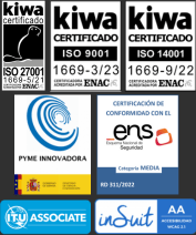 logos de pyme innovadora, certificación de seguridad ens, asociado de la ITU, certificación inSuit de accesibilidad y certificado iso 27001, 9001 y 14001