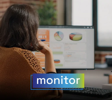 Woman observing charts and data on her computer screen, representing the analysis and monitoring of web accessibility compliance. Overlaid text: "monitor".